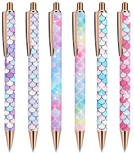 Cobee Bling Metallstifte, 6 Stück Click Einziehbare Kugelschreiber 1,0 mm Kugelschreiber mit schwarzer Tinte Metallglitzer Kugelschreiber für Männer Frauen Schule Büro Zuhause (Fischmuster)