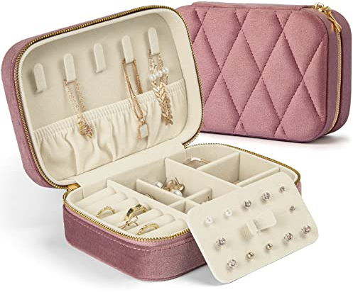 KAMIER Kleine Schmuckkästchen für Damen, Reise Schmuckbox Samt Schmuckschatulle für Ohrringe, Ringe, Halsketten, niedliche Schmucketui Reise für Frauen, Männer, Mädchen, Rosa