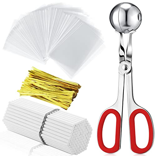 Yinkin Cake Pop Kit 100 Bags 100 Sticks Ties Scooper for Lollipop,Red