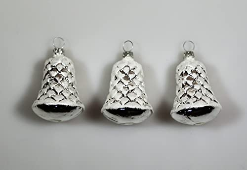 Lauschaer Glas Christbaumschmuck Waffelglocke, Silber mit Irisglimmer, 3 Stück, mundgeblasen, handdekoriert