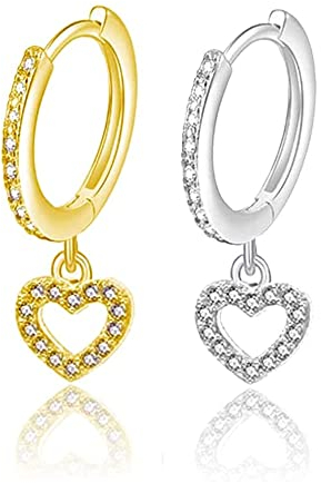LEEQ Sterling Silber Ohrringe - 2 Paar Herz Ohrringe Damen Creolen - mit Herz Anhänger Silber Ohrringe Hängend Klein Ohrhänger mit Cubic Zirkonia Ohrringe Silber für Damen Frauen Mädchen(gold+silber)