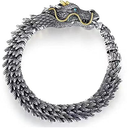 Bracelet Chaîne Dragon Fait Main, Bracelet de Manchette Gothique de Dragon Vintage, Bracelet de Totem de Dragon 3D, Bijoux pour Hommes créatifs de personnalité (22CM)