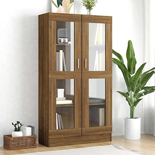 Keketa Vitrinenschrank Bücherschrank Aktenschrank Vitrine Schrank Büroschrank Standvitrine mit 4 Fächer Bücherregal Schrank für Wohnzimmer Büro Braun Eiche-Optik 82,5x30,5x150cm