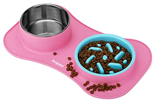 Anipaw Slow Feeder Dog Bowls 3 in 1 Stainless Steel Dog Food and Water Bowls with Non-Spill Non-Skid Silicone Mat to Slow Down Eating for Large Medium Small Breed Size Dogs and Cats
