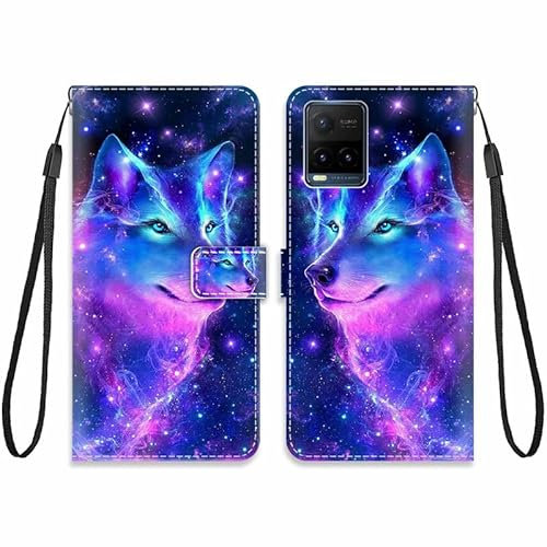 KARTXITAI Cuir Coque Compatible avec Vivo Y21S/Y21t Antichoc avec Support Clapet Design Motif Drôle Étui Bumper Portefeuille Magnétique Créatif Case Cover Housse-Loup,coloré