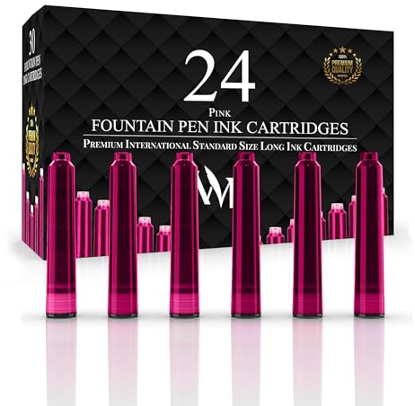 Wordsworth & Black Lot De 24 Recharges D'encre Pour Stylo Plume – 24 Cartouches D'encre Rose, Taille Standard Internationale, Longueur Appr 1,5, Diamètre De Base Appr 0,24 – Jetables Et Génériques