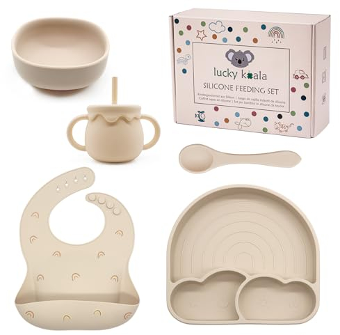 Lucky Koala® Silikon Baby Geschirrset mit Saugnapf I Baby Teller, Schüssel, Design Lätzchen, Esslernlöffel, Löffel, Beißring, Becher I Lebensmittelqualität I Baby Erstausstattung Geschenk I BPA-frei