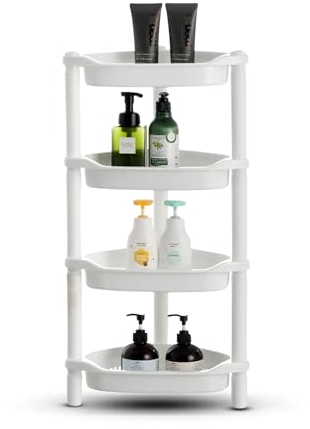 Qualiware 4 Tier Corner Shower Shelf, Fruit Vegetable Organiser, Standing Storage Basket Rack, Rustproof for Bathroom, Bathtub, Versatile Pantry Kitchen, Narrow Places, 36 x 25 x 70 Centimeter, White