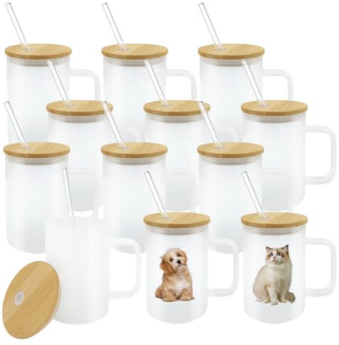 YOUKE OLA 12 Pack Sublimation Glass Cup with Handle Frosted Sublimation Blank Beer Can Tumblers with Bamboo Lid and Straw for heat press 16oz, 12PC16OZ
