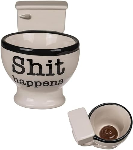 Avilia Tazza per Caffè e Tè a Forma di WC - Tazza Simpatica con Decorazione Bagno e Scritta Shit Happens, 250ml, Ceramica Bianca e Nera | Tazza Caffè Particolare per Colazione Divertente