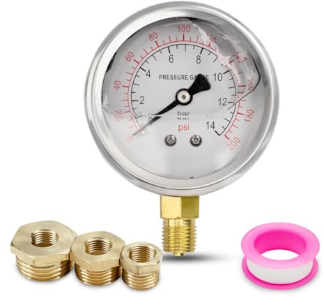 Innfeeltech 1-Pcs 40mm Manometer BSP 1/8 0-14 Bar 0~200 Psi mit 3-Stück Buchse bis 1/4, bis 3/8 und bis 1/2 und einem Teflonband, Radial