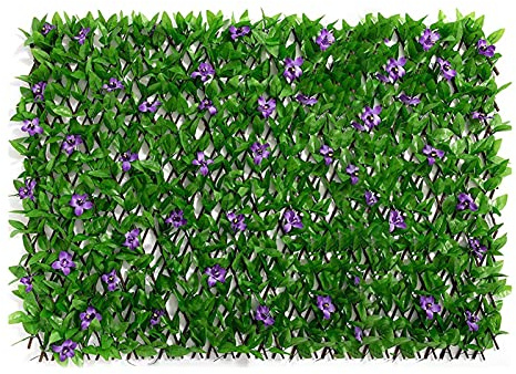 Expanding Trellis Panels 200x40cm With Artificial Leaves, Expandable Fence Screening With Ivy and Violet Flower, Garden Greenery Backdrop Decoration