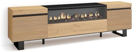 Skraut Home | TV-Schrank, Lowboard | für Wohnzimmer und Esszimmer | 200x57x35cm | Für TV-Geräte bis zu 80 | Elektrokamin. | Industriedesign | Moderner Stil | Eiche