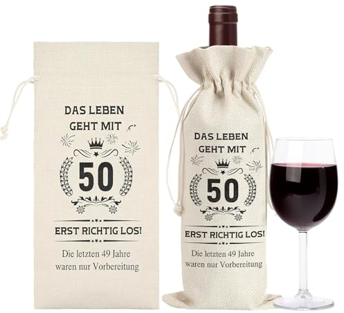 TNSLAND 2 Stück Geschenktüten Flaschen mit Kordelzug, Geschenke zum 50 Geburtstag Frau 50 Geburtstag Mann, Weinflasche Tasche Jute für 50. Geburtstag Frau, Wein Geschenk für Sektflaschen