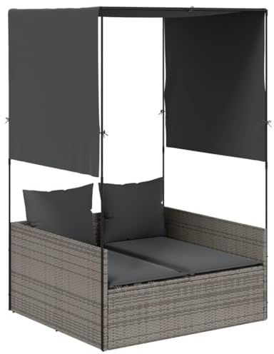 vidaXL Doppel Sonnenliege, Gartenliege mit Dach Vorhängen, Doppelliege für Garten Terrasse, Relaxliege Sonnenbett Gartenmöbel, Grau Poly Rattan