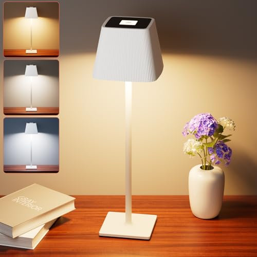 Nulmvic Lampada da Tavolo Senza Fili Ricaricabile - 5200mAh Lampada LED Dimmable Touch Control 3 Temperatura Colore - Materiale Metallico IP54 Impermeabile per Interno Esterno Camera Bar (Bianco)