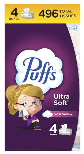 Puffs Ultra Soft Facial Tissues, 4 Family Size Boxes, 124 Facial Tissues per Box, Allergies and Colds