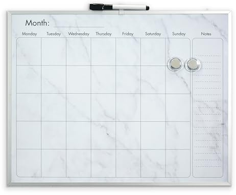 Marble-Effect Magnetic Dry Erase Board with Silver Aluminium Frame – Modern Design Day & Month Planner Whiteboard for Kitchen, Office, Study, Bedroom, Functional Home Decor – H40.5 x W51cm