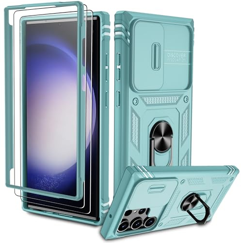 Pilaru für Samsung Galaxy S23 Ultra Hülle, Kameraschutz Handyhülle Cover Case mit 2 Stück Schutzfolie,360° Drehhalter Ring Schutzhülle Militär Stoßfest Kratzfest Outdoor Handy Hülle S23 Ultra 5G Grün