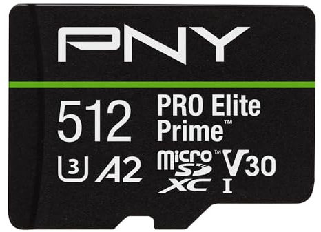 PNY 512GB PRO Elite Prime Class 10 U3 V30 A2 microSDXC Flash Memory Card + SD adapter - up to 200MB/s, Class 10, U3, V30, A2, 4K UHD, Full HD, UHS-I