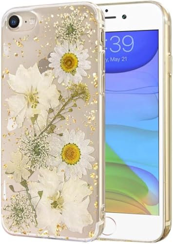 Riccase for iPhone SE 2022 Case, SE 2020/7/8 Phone Case Clear with Real Dried Flower Patterns, Shockproof Transparent Soft TPU Protective Bumper Slim Glitter Cute Floral for iPhone 7/8, Daisy