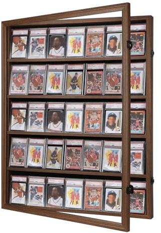 VERANI 35 abgestufte Sport-Baseballkarten-Vitrine, Wandhalterung, Walnuss | Abschließbarer Sammelkarten-Wandschrank, 98 % UV-blockierte Acrylplatte, Premium-Holzrahmen, nur vertikale Wandhalterung