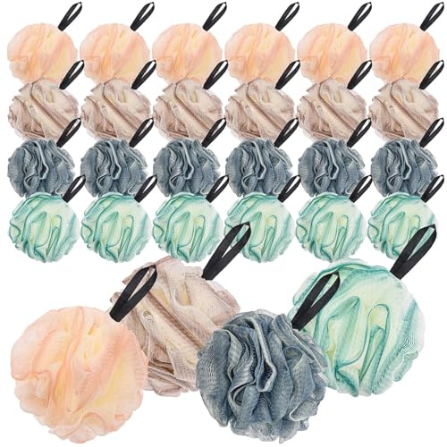 24 Pack Shower Loofah Poufs, 50 g Exfoliating Mesh Bath Sponges | Soft Body Scrubbers for Men and Women, Rich Foam Shower Puffs for Bath, Travel and Gym, Multicolour