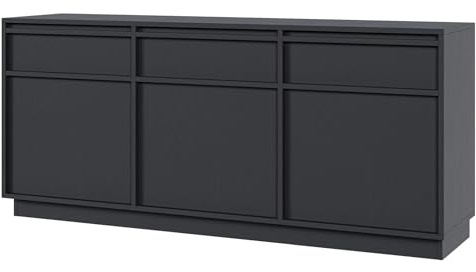 Selsey Commode Evo 154x68,6x39 cm - Buffet Rangement Minimaliste - Meuble Bas Salle à Manger - Design Moderne - 3 Tiroirs 3 Placards - Effet Bois Graphite Noir - Système Push-to-Open
