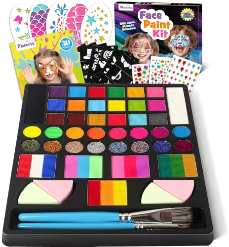 Mocoosy 41 Color Face Paint for Kids, Washable Non-Toxic Face Painting Kit | Water Based Face Paint Palette Professional Body Paint With Stencils, Brushes, Gem, Makeup for Halloween Cosplay Party Events