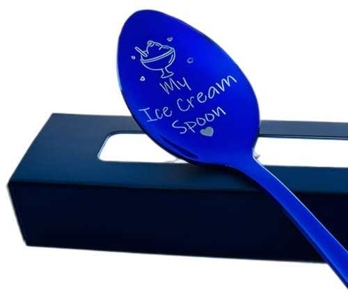 Engraved Teaspoon – “My Ice Cream Spoon” – 15cm Stainless Steel – Available in Silver, Blue, Rainbow or Purple – Fun Gift for Dessert Lovers – Luxury Gift Box Included – Ice Cream Spoon (Blue)