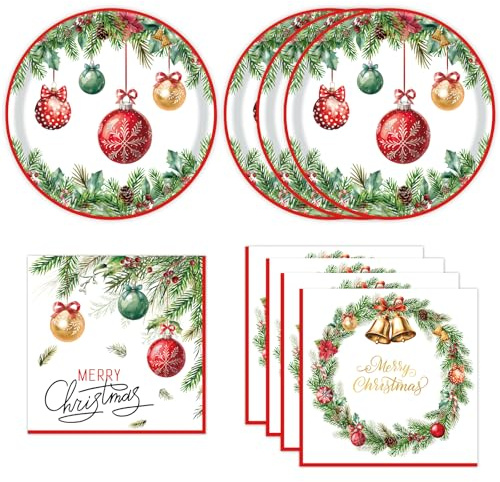 DHAIQC Lot de 40 assiettes et serviettes en carton de Noël jetables de 23 cm avec boules de Noël pour 20 invités