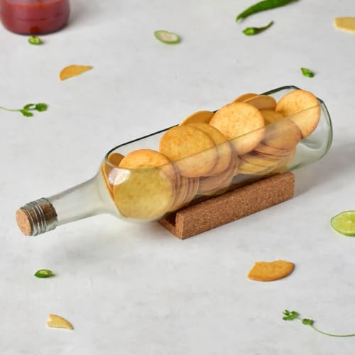 GoGiftid Upcycled Cheese Platter Created Using Wine Bottle – Recycled Glass Nibbles Tray on Cork Stand | Handmade Serving Dish for Snacks & Appetisers | Gift for Wine Lovers Housewarming & Christmas