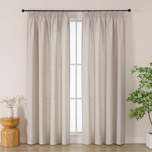 Simplebrand Leinen Gardinen mit Kräuselband in Leinenoptik, 2er Set H 200 x B 140 cm, halbtransparent für Wohnzimmer & Schlafzimmer, Boho-Style mit Schienenhaken