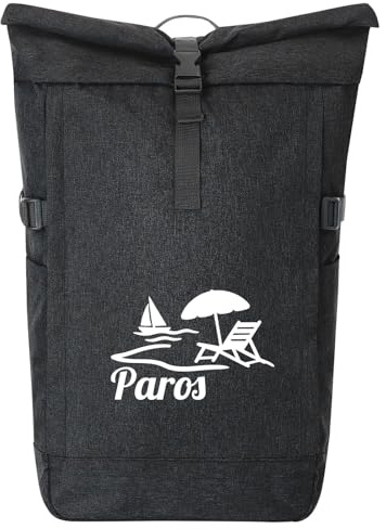 Huuraa Kurierrucksack Paros Inselmotiv Griechenland Geschenk | 30-44 Liter Backpack Black Melange Fairtrade Rolltop Rucksack Geschenkidee Schwarzer Laptop-Rucksack passend für 17-Zoll