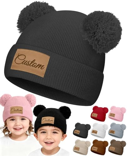 Personalisierte Baby-Beanie, gestrickte Wintermütze mit Namen für Säuglinge, Kleinkinder, Mütter, Jungen, Mädchen, Schwarz, EinheitsgröÃŸe