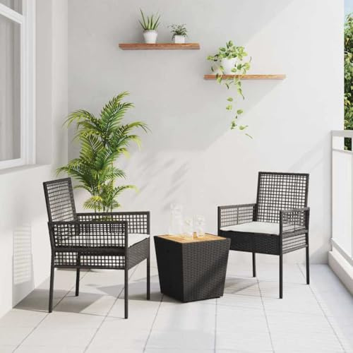 Mandloder Garten Bistro Set, 3-teilig, Schwarz, Poly Rattan Möbel, wetterfest, Balkon, Terrasse, Outdoor Essgruppe mit Kissen, langlebig, für kleine Räume