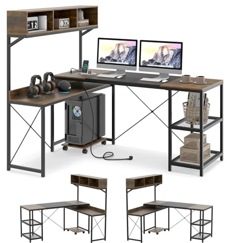 COSTWAY L-förmiger Schreibtisch mit Steckdosen, reversibler Eckschreibtisch mit mobiler CPU-Ständer, Aufsatz & Regalen, Computertisch mit Metallrahmen, Bürotisch aus Holz, Ecktisch für Home Office
