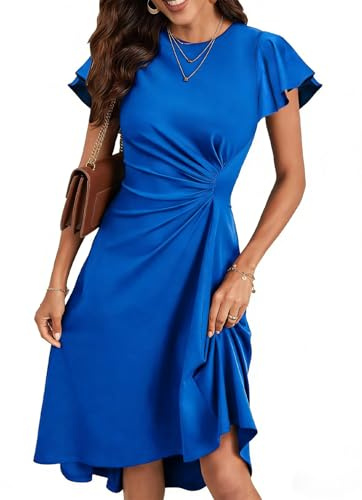 KUNJLELP Vestido Elegante Mujer Vestidos de Manga Corta Cuello Redondo Casual Vestido A-Line de Cóctel Fiesta,Azul 02,L