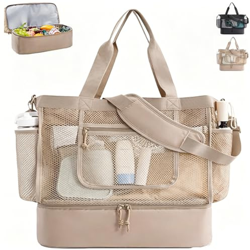 LUKIUP Strandtasche Groß mit Kühlfach, Netz-Design, mit Griffen und Reißverschluss, Isolierbeutel für Damen Herren für Sommer am Strand, Reisen, Urlaub und Einkaufen (Schwarz)