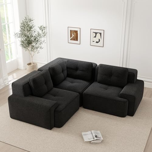 Strapazierfähiges Cord Ecksofa 3-Sitzer, modulares & konfigurierbares Sofa mit 32D Polsterung, kratzfest, fleckenabweisend, haustierfreundlich, bodennah & ohne Montage (Black, Eckesofa-3Sitzer)