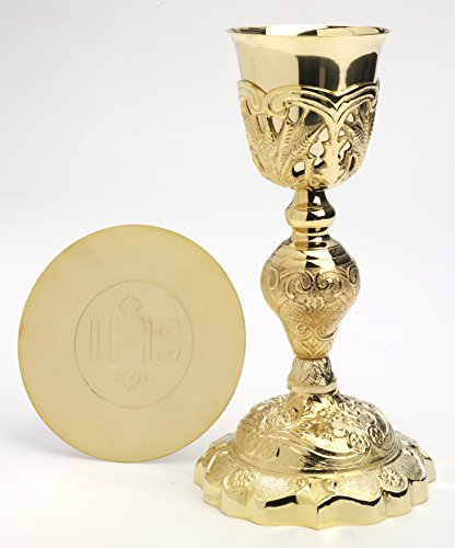 Altarkelche Kelch H 26 cm mit Patene u.Etui, Messing, Gold, Wird mit Patene und Etui geliefert