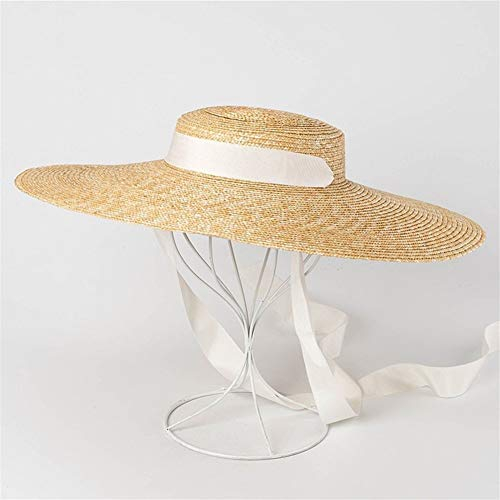 ZANGAO Wide Brim Boater Hat 19cm 15cm 10cm Krempe Strohhut Flache Frauen-Sommer-Hut-Weiß-Schwarz-Band-Bindung Sonnenhut Strand Cap (Color : Primary White Band, Size : 19cm Brim)