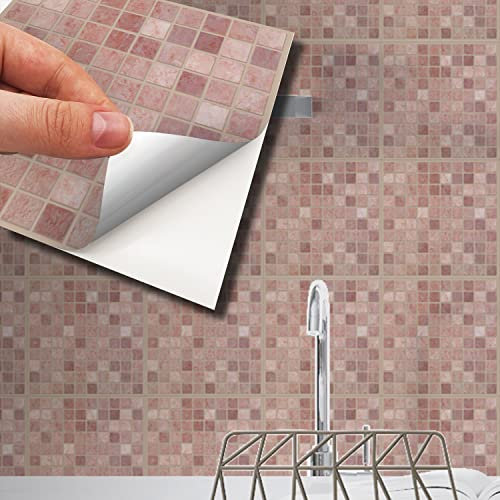 WALPLUS 15cm(6) 96 Pieces Vintage Pink Marble Mosaic Wall Tile Sticker Set Peel and Stick Backsplash Decals Vinyl Home Decors Splashback for Kitchen Bathroom Tile Paint Stick on Wall