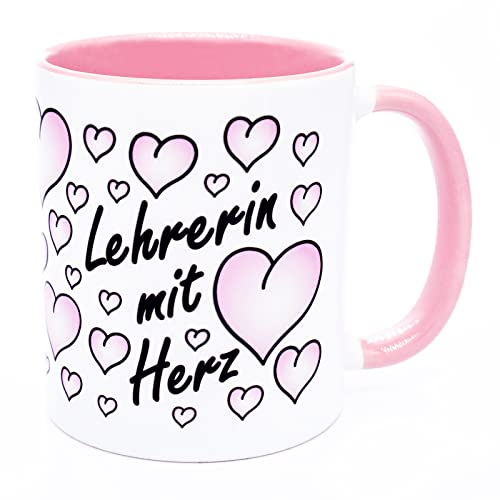 Lehrerin mit Herz Lehrerinnen Kaffeetasse Rosa Becher lustige Tasse Geburtstag Geschenke für Abschied Geschenkidee witzige Lehrergeschenke Abschluss homeschooling zum coole Lehrer kleines Dankeschön