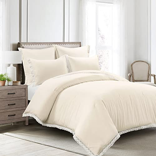 Lush Decor Rosalie Cottage Core Bettwäsche-Set, 5-teilig, verziert mit Spitze, Kingsize-Bett, elfenbeinfarben