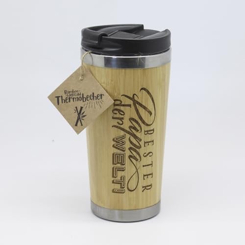 power gift BESTER PAPA DER WELT - Bambus Thermobecher mit Text. Isolierbecher. Isolierflasche. Edelstahl Trinkflasche. Für täglichen Bedarf und Ausflüge. Neu - mit drehbaren Verschluss.