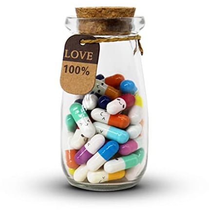 Mczcent Capsule Letters Message in a Glass Bottles-50Pcs, Cute Smiling Face Love Friendship Letter Colors Happy Pill with Wishing Bottle, Message Pills for Boyfriend Girlfriend Lovers Family