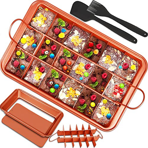 Brownies Pan, Brownie Pan with dividers, Nonstick Brownie Baking Pan with Slicer Cutter & Spatula & Brush, Brownie Pans, Rectangular Cake Pans All Edges Brownie Mold Tray for Baking Bread Cookie Bites