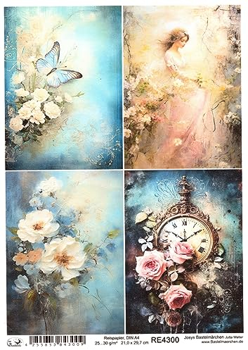 Josys Bastelmärchen Reispapier A4 Strohseide Vintage Scrapbooking Blumen Frau Uhr Shabby Chic RE4300