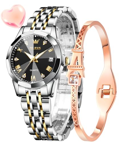 OLEVS Damenuhr Gold Silber Diamant Analog Quarz Uhren Damen Edelstahl Wasserdicht Leuchtend Modisch Elegantes Kleid Armbanduhr Armreif Geschenk Set